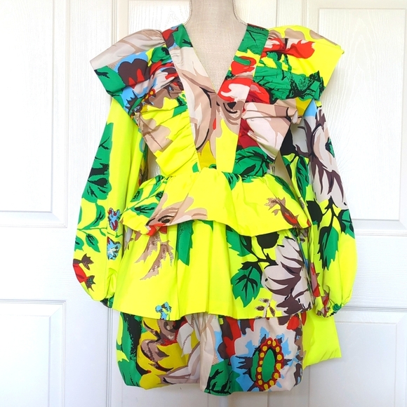 Christopher John Roger's x Target Dress Chartreuse Green Yellow Floral Ruffle - Picture 4 of 9
